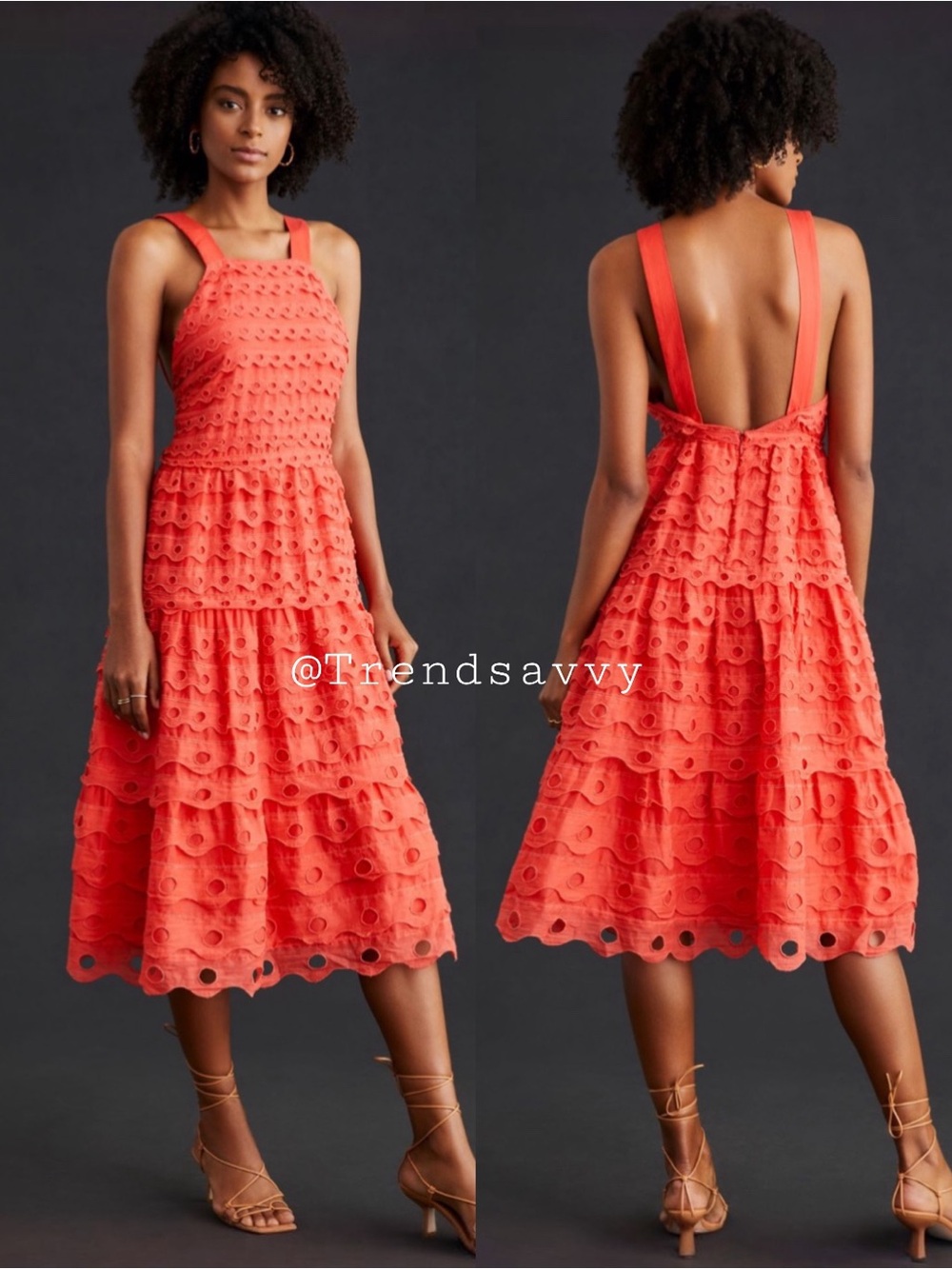 Anthropologie Maeve Coral Eyelet Halter Midi Dress 10 Open Back Party Date Night